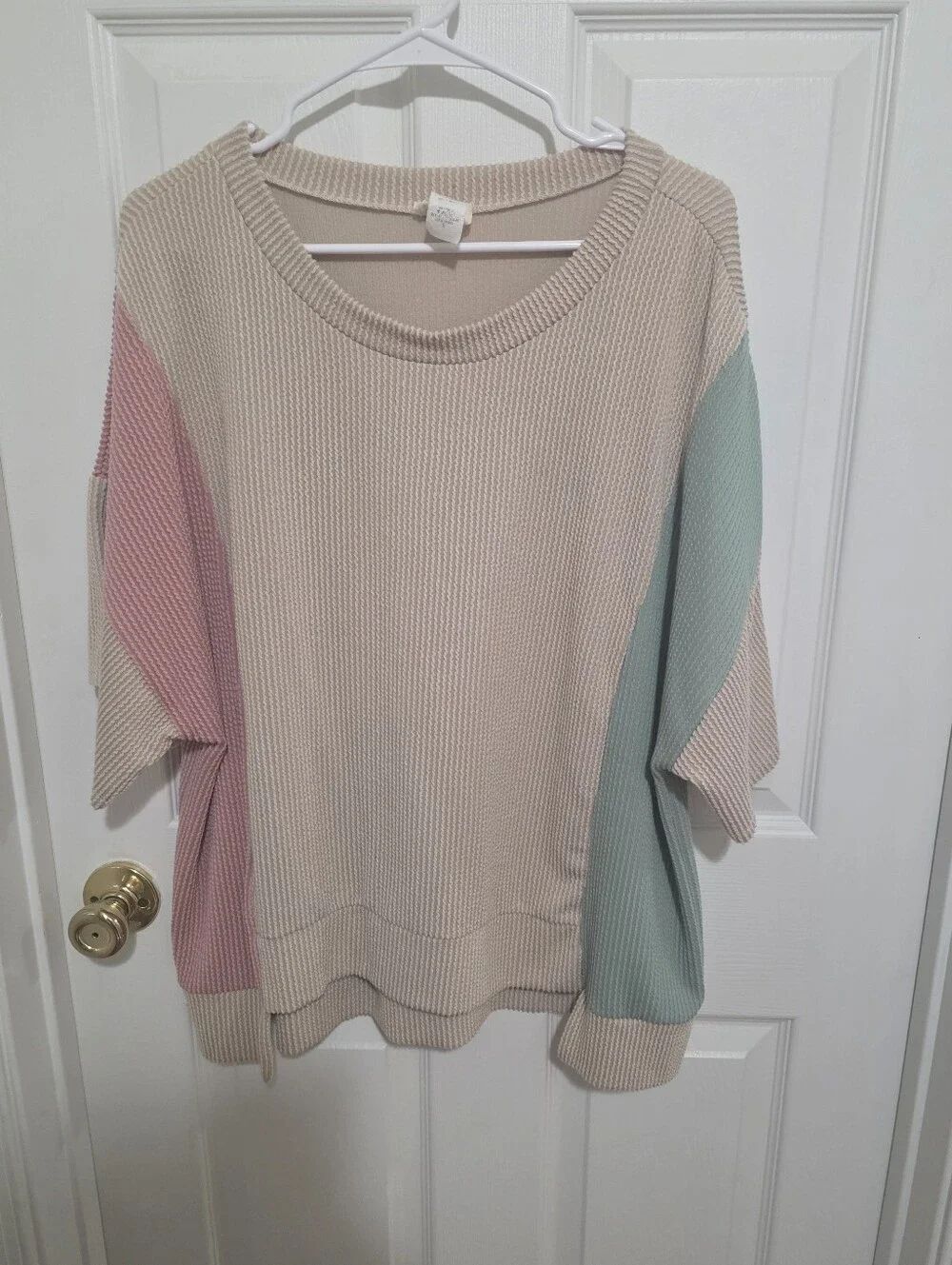 BiBi Cream Crewneck Textered Top with Pink & Mint Colorblock Sleeves